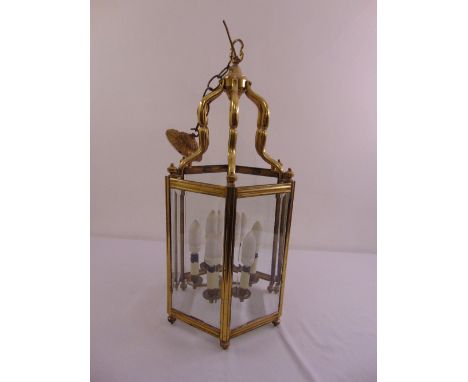 Christopher Wray brass and glass hexagonal panelled hall lantern, 89cm (h)