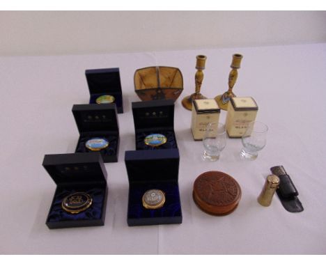 A quantity of collectables to include a pair of  wooden candlesticks, five cased Halcyon Days trinket boxes and a wooden snuf