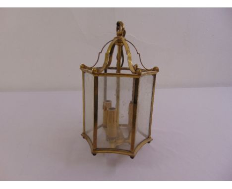 Christopher Wray brass and glass hexagonal panelled hall lantern, 40cm (h)