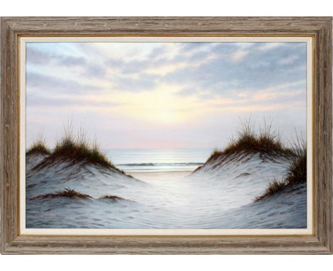 SHAWN HENNESY (WASHINGTON SOCIETY OF LANDSCAPE PAINTERS), OIL PAINTING, LATE 20TH C, H 23", W 35", 'SILVERY SEASHORE' Seascap