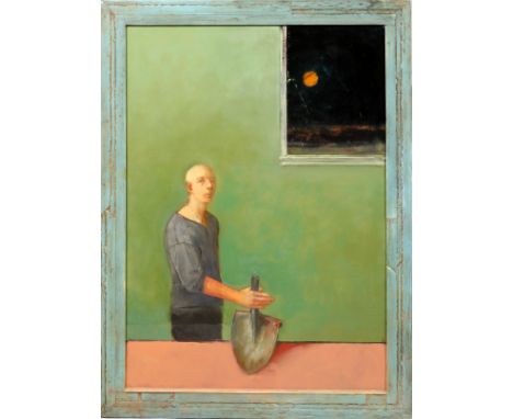 THOMAS HUMES (AMERICAN), OIL ON PANEL, 1994/1995, H 32", W 29""Man With and Without an Explanation with a Shovel", titled on 