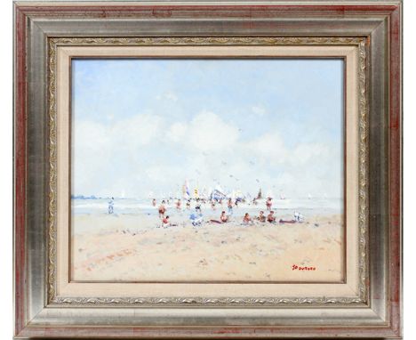 JEAN PIERRE DUBORD (FR.1949), OIL ON CANVAS, 22" X 25" LA PLAGE EN ETE Signed on front and on reverse. Title on reverse: "La 
