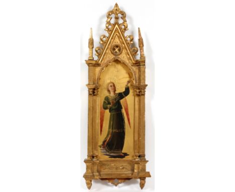 FLORENTINE OIL ON WOOD PANEL, C. 1900, H 16.5", L 6.5", ANGEL GABRIEL Unsigned. Presented in a gilt wood frame. As viewed und