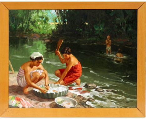 ROMEO BORJA ERIQUEZ, OIL ON CANVAS, 1958, H 22", W 28", WASHING AT THE RIVERSigned and dated lower right; framed.As viewed un