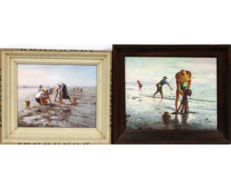 ELIAS LAXA (FILIPINO, 1904-1990), OILS ON BOARD, 1963 & 1956, 2, H 9" & 11", W 10" & 13", CLAM DIGGERS & FISHERMEN ON THE SHO