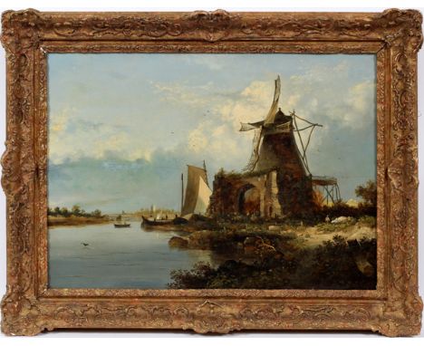 DUTCH OIL ON WOOD PANEL, 19TH.C. H 22", W 29", RIVER SCENEUnsigned and framed.Has inpainting.  (As viewed under UV light in t