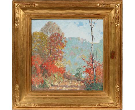 CARL LAWLESS, (USA 1894 - 34) OIL ON CANVAS H 15" W 15" "THE VALLEY ROAD"A Fall landscape depicting a road in a valley. Signe
