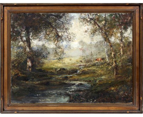 DOUGLAS ARTHUR TEED, (AMER. 1860-29), LANDSCAPE 1924, H 27", W 36"Depicts a landscape scene with stream and cows. Signed lowe