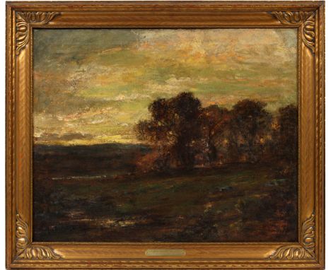 DOUGLAS ARTHUR TEED (US, 1860-1939), OIL ON CANVAS, H 20", W 30", "LATE SUMMER SUNSET"Depicts a summer landscape at sunset. S