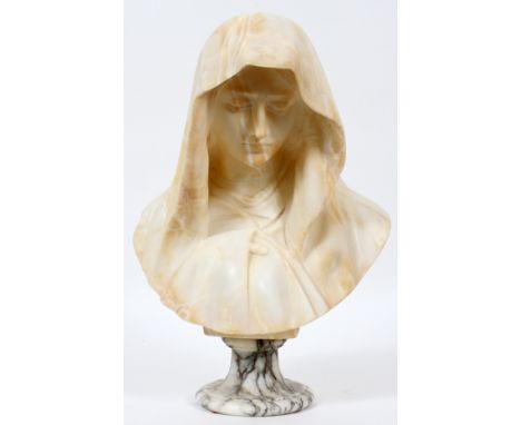 CARVED ALABASTER BUST, H 17", W 11"On a fitted marble base.  No apparent markings. Actual size 16 3/4" H. x 11" W.There is li