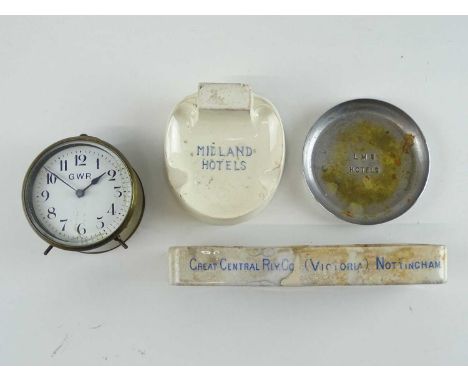 A group of Railway Hotel ephemera comprising: Ashtrays one marked Midland Hotels (ceramic) and one marked LMS Hotels (plate),