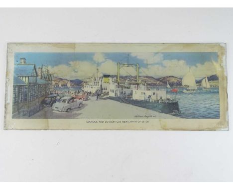 A BR railway carriage print 'Gourock and Dunoon Car Ferry, Firth of Clyde' mounted to the rear of a pane of glass