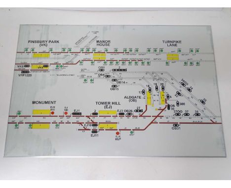 A large London Underground glass signalling panel from Earls Court Power Box - covering the Tower Hill and Aldgate areas - ci