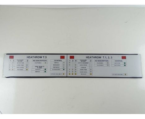 A small glass signalling panel from Earls Court Power Box covering train locations at Heathrow Stations on the Picadilly Line