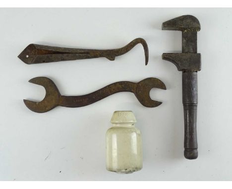 A group of railway related tools and accessories to include an LNER ceramic insulator pot (4)