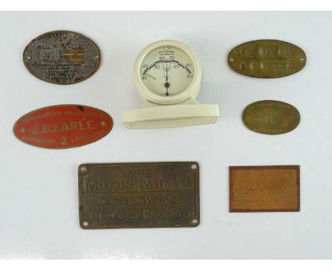 A group of Railway related brass works plates by Simplex and others - together with a Bakelite Rototherm thermometer - (7)