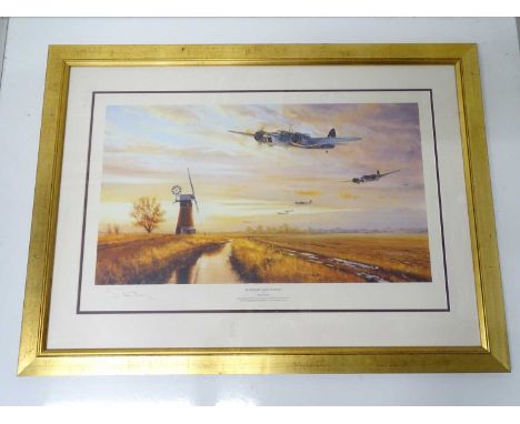 A framed and glazed aviation interest print - 'Blenheims Over Norfolk' Bristol Blenheim Mk IVs - limited signed edition 63/35