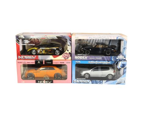 NOREV - a group of 1:18 scale diecast models, all in original boxes and on associated display stands, including a Porsche 911