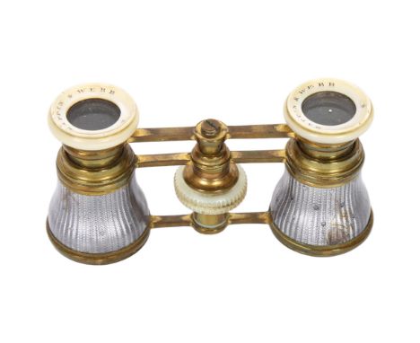 A pair of early 20th century Mappin & Webb brass and guilloche enamel opera glasses 