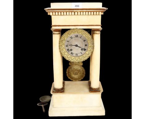 An early 20th century alabaster Portico clock, 8-day bell striking movement, silvered dial, gilded mounts, H47.5cmThere are a