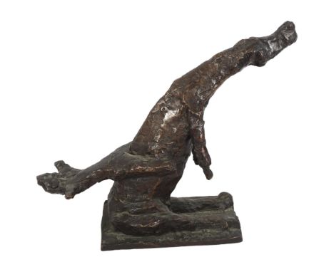 A mid-century abstract bronze sculpture of a man on a rearing horse, signed Marino? to the base, with stamped and painted mar