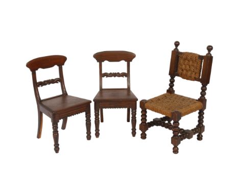A pair of apprentice piece doll's chairs, and a bobbin turned oak doll's chair (3) 