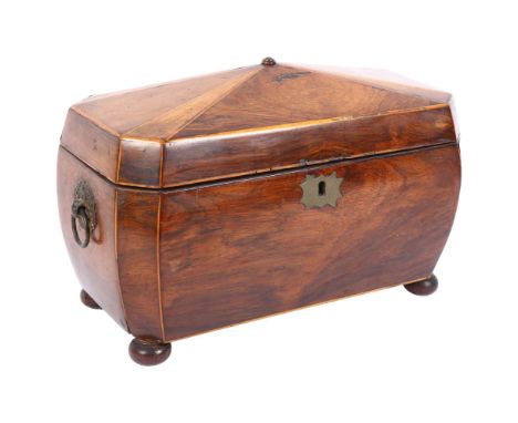 A Regency mahogany and satinwood-strung tea caddy, on bun feet, W31cm (A/F) 