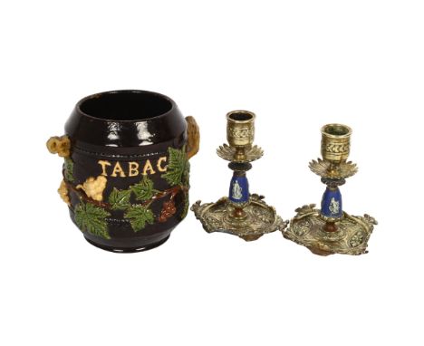 A Vintage French tobacco jar, inscription "Tabac", with salt glaze finish, with leaf and grape decoration, H15cm, and a pair 