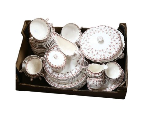 Spode Fleur De Lis brown and white patterned dinner service and matching tea set for 8 people, including tureens and sauce bo