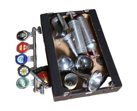 A group of Vintage motoring badges, 2 fire extinguishers, a railway lamp, Lucas horns etc 