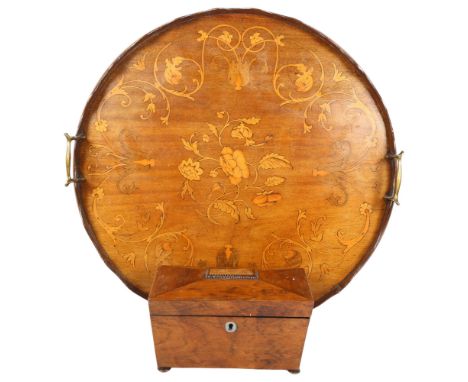 A Victorian mahogany and marquetry decorated circular serving tray with brass handles, and a mahogany tea caddy, tray width 5