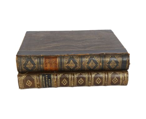 Two part leather-bound antiquarian carpentry books, including The Encyclopedia of Practical Carpentry and Joinery edited by E
