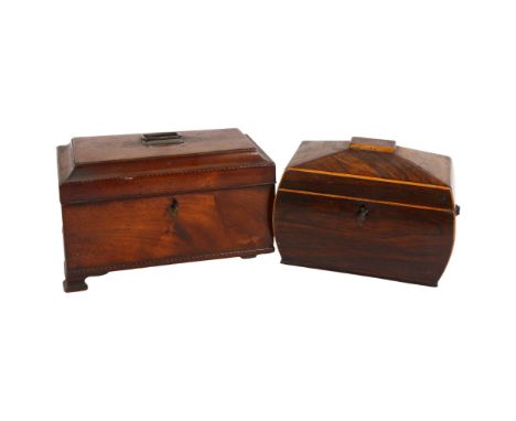 A 19th century rosewood tea caddy, and a mahogany and chequered banded 19th century tea caddy, both A/F 