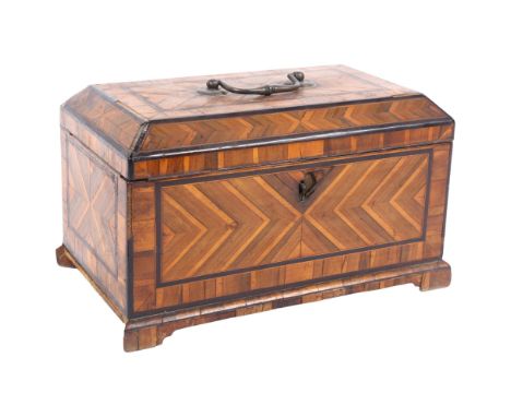 An 18th century specimen wood and ebony banded tea caddy, W25cm There is quite a lot of veneer missing which is visible, to a