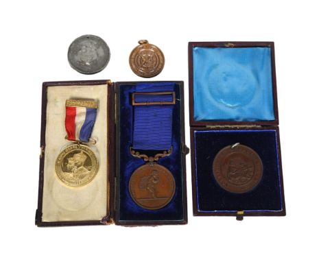 George VI Coronation medal, Royal Life Saving Society medallion, 2 bronze medallions etc 