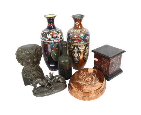2 Antique cloisonne vases (not a pair), a slate and marble stand, an embossed brass plaque with rabbit decoration, a cast-bro