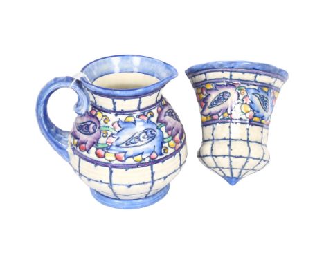 Charlotte Rhead, a Crown Ducal Persian leaf design water jug and matching wall pocket, jug height 16cm 