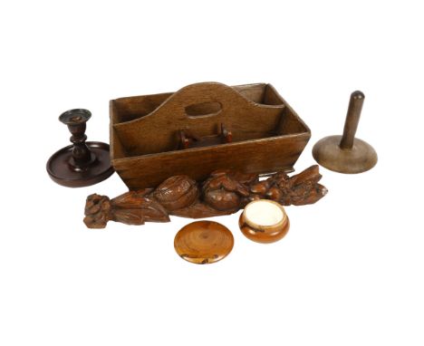 A 19th century oak housemaid's tray, L33.5cm, carved wood pediment, candlestick, novelty money box, box with mirrored lid etc