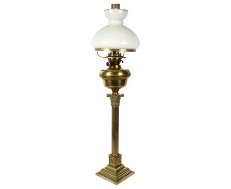 ELTEX - a brass Corinthian column table lamp with milk glass shade, H86cm All in good condition, a few very small nibbles to 