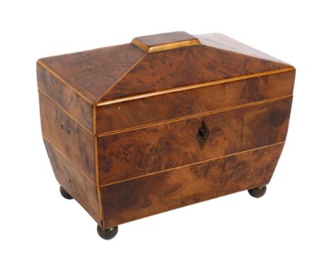 An 18th century burr-walnut and satinwood-banded sarcophagus tea caddy, inner fitted lids, on brass bun feet, W19cmGood overa