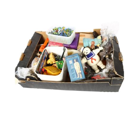 A quantity of Vintage toys, including many Britains Ltd figurines, Medieval knights, a 1984 Columbia Pictures Stay Puft Marsh