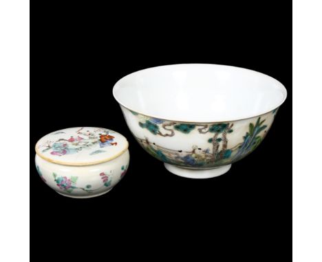A Chinese famille vert footed bowl, with painted figural scene, diameter 16cm, and an Oriental famille rose circular pot and 