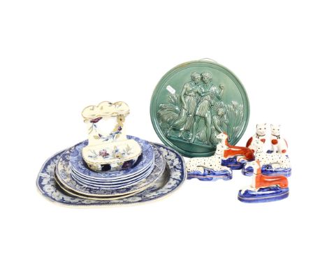 Dog and cat ornaments, a Victorian toothbrush holder, H14cm, Spode Italian and other blue and white transfer printed plates, 