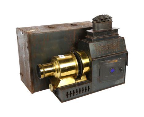 HUSBANDS & SONS BRISTOL - a Victorian brass and tinplate magic lantern, with original box, H35cmGood overall condition, lense