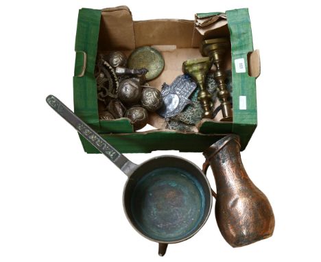 Warner 4P, 19th century copper bronze skillet, a pair of brass candlesticks etc 