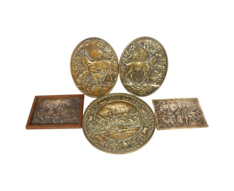 A group of bronze plaques, including 2 oval designs, 1 depicting a stag and a second depicting a doe deer and horns, dimensio