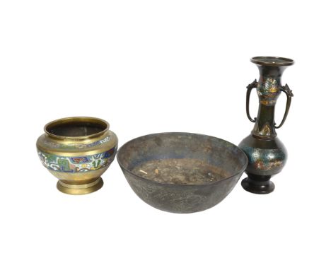 A Chinese bronze and enamel vase, 30cm, brass and enamel bowl and a bronze bowl
