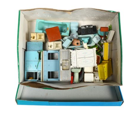 A quantity of Vintage doll's house furniture and accessories, both metal and plastic related items, mostly kitchen and bathro