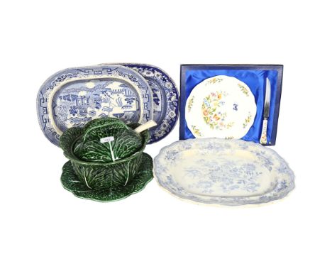 A Portuguese cabbage leaf design soup tureen and cover on stand, with ladle, a boxed Ainsley cake plate and knife, and 3 Vict