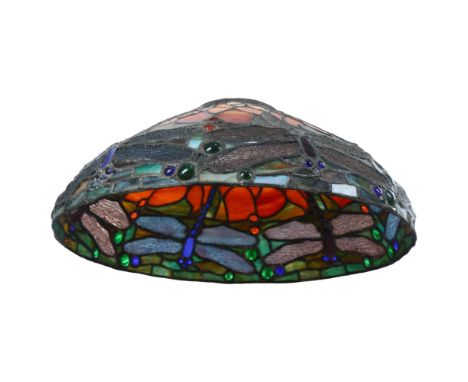 A Tiffany style lead and coloured glass ceiling light shade, with floral and dragonfly decoration. D - 50cm. 